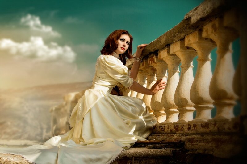 Woman in White Dress — Dramatic, Sunset, Photograph, Balcony