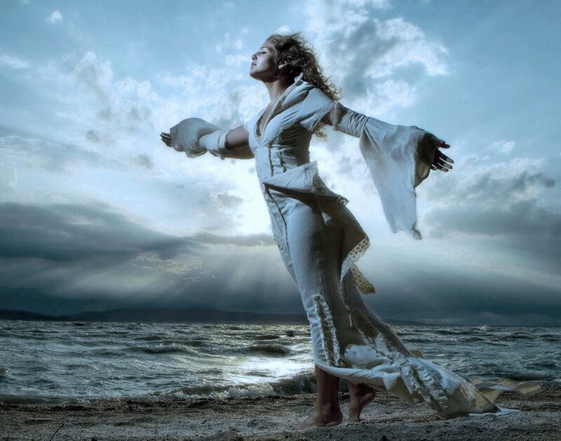 Woman in White Dress — Dramatic, Sunset, Photograph, Beach