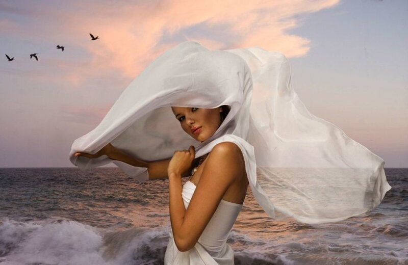 Woman in White Dress — Dramatic, Sunset, Photograph, Birds