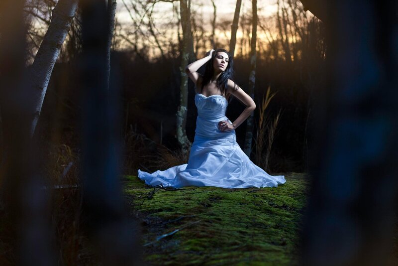 Woman in White Dress — Dramatic, Sunset, Photograph, Forest, Moss