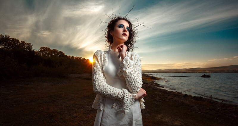 Woman in White Dress — Dramatic, Sunset, Photograph, Lake
