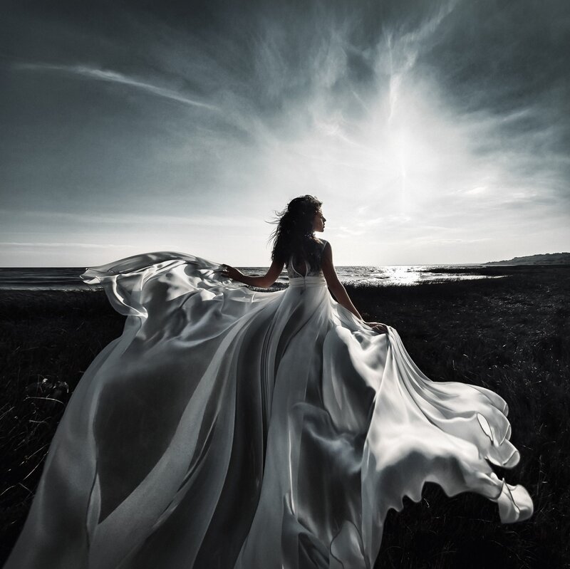 Woman in White Dress — Dramatic, Sunset, Photograph, Ocean, Sky