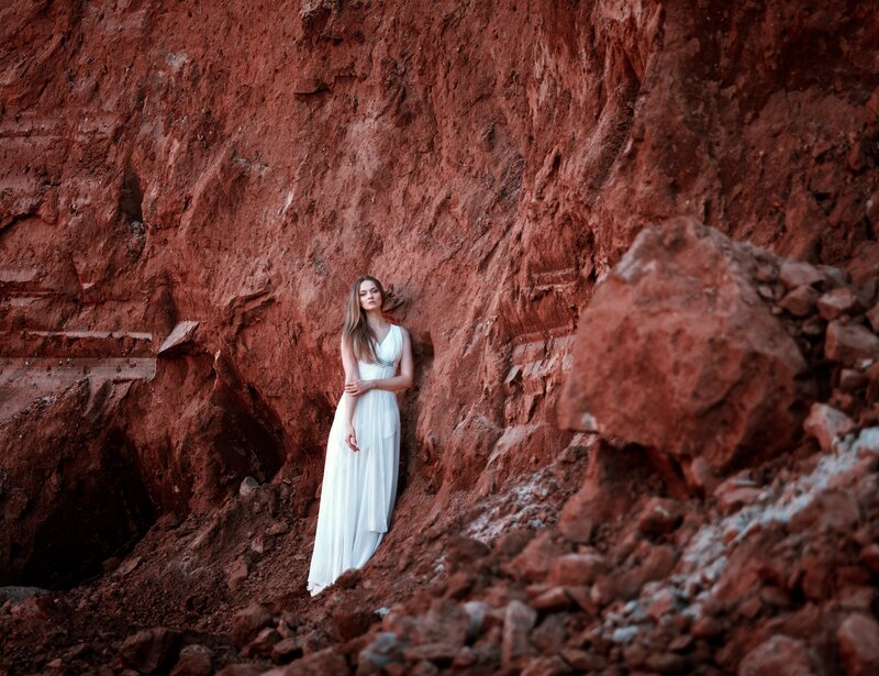 Woman in White Dress — Dramatic, Sunset, Photograph, Red Rock