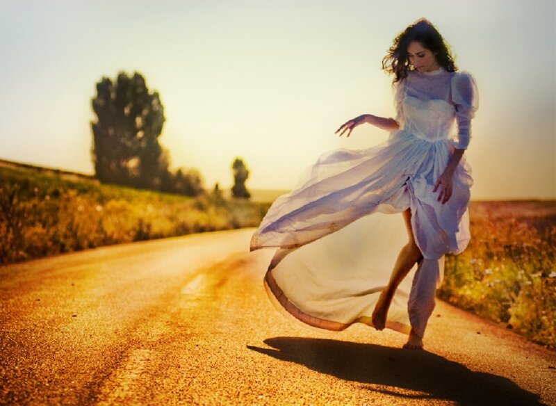 Woman in White Dress — Dramatic, Sunset, Photograph, Road