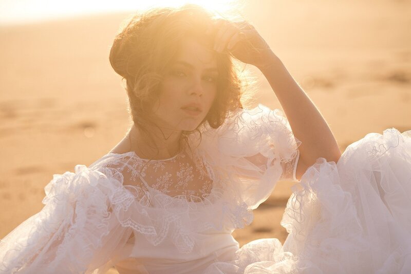 Woman in White Dress — Dramatic, Sunset, Photograph, Sand