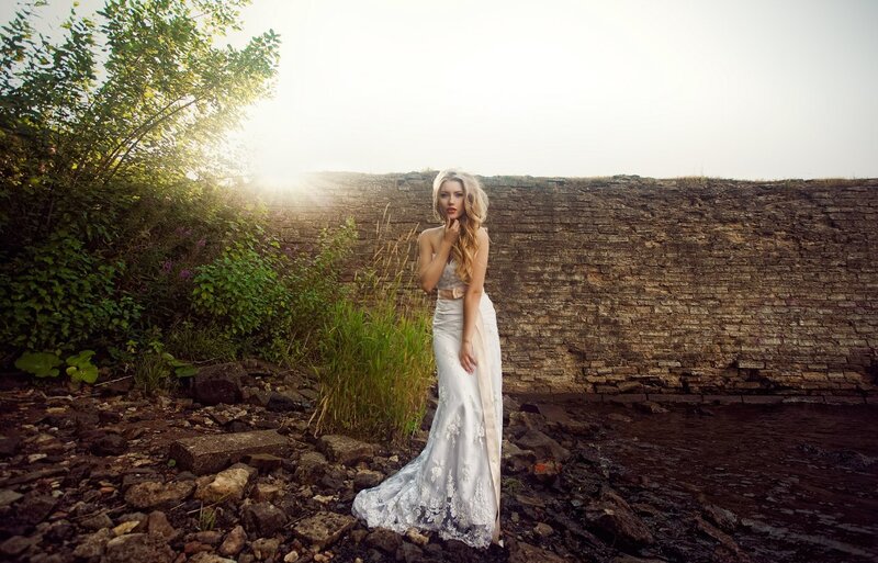 Woman in White Dress — Dramatic, Sunset, Photograph, Stone Wall