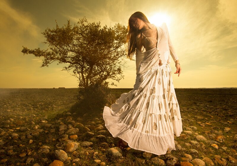 Woman in White Dress — Dramatic, Sunset, Photograph, Tree, Field