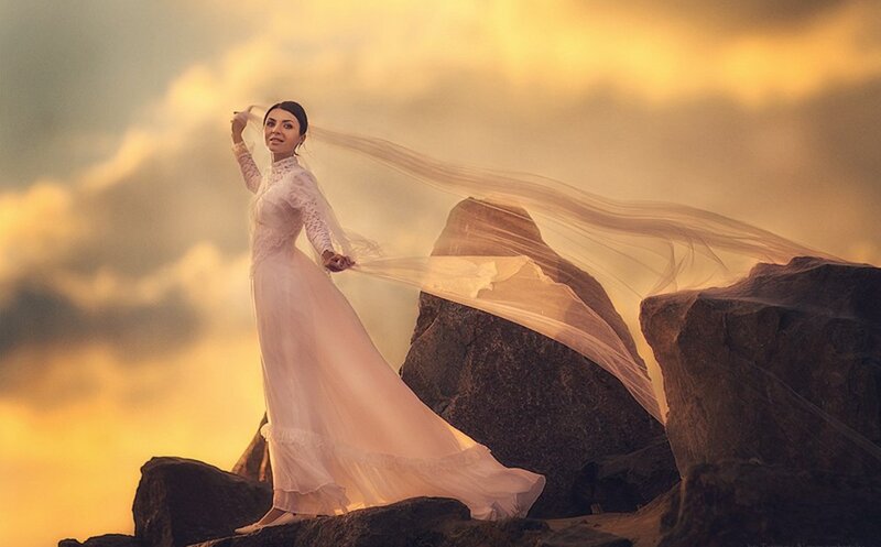 Woman in White Dress — Dramatic, Sunset, Photograph, Veil