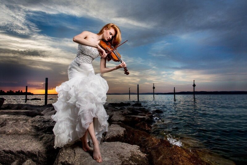 Woman in White Dress — Dramatic, Sunset, Photograph, Violin
