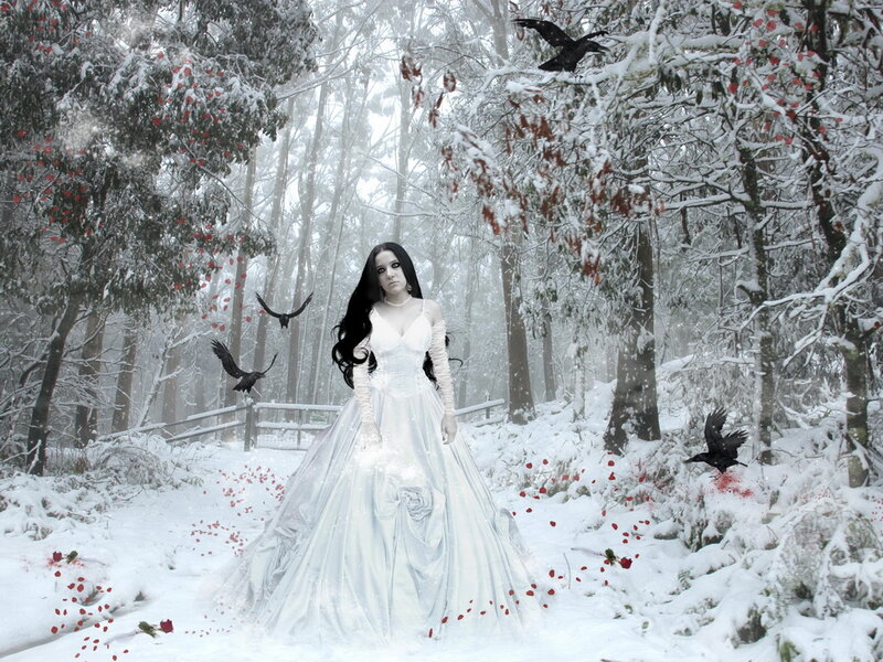 Woman in White Dress — Dramatic, Winter, Digital Art, Crows