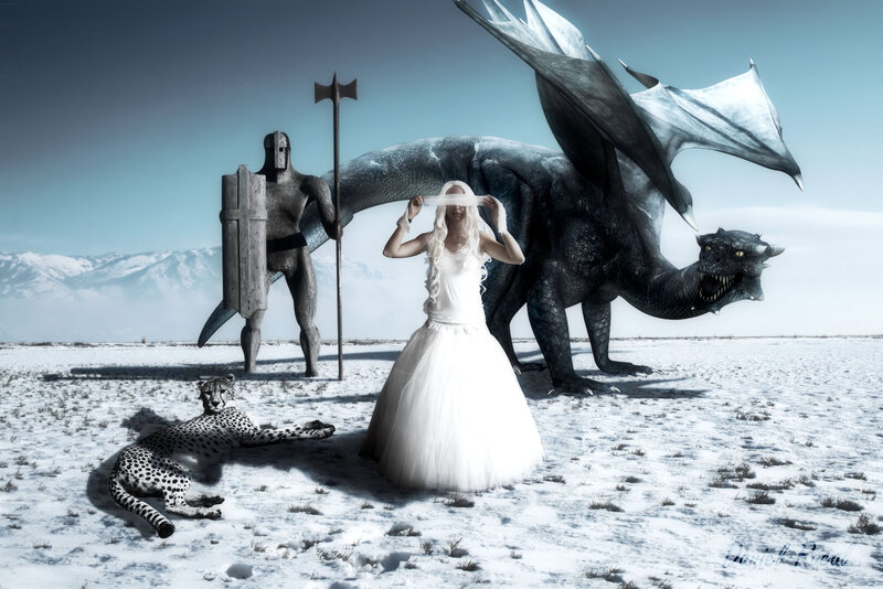 Woman in White Dress — Dramatic, Winter, Digital Art, Dragon