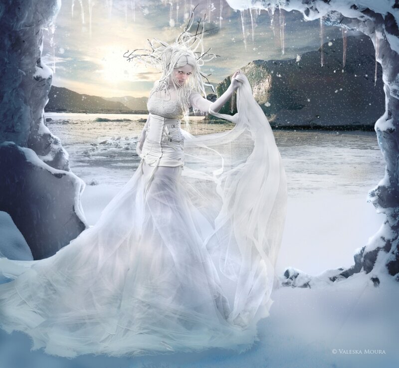 Woman in White Dress — Dramatic, Winter, Digital Art, Ice Cave
