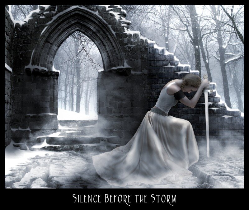Woman in White Dress — Dramatic, Winter, Digital Art, Ruins
