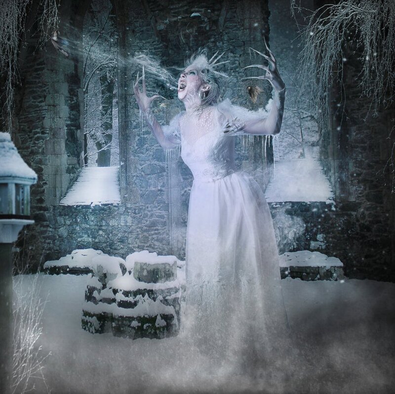 Woman in White Dress — Dramatic, Winter, Digital Art, Snow, Ruins