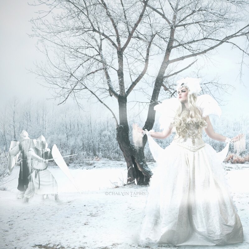 Woman in White Dress — Dramatic, Winter, Digital Art, Snow, Tree