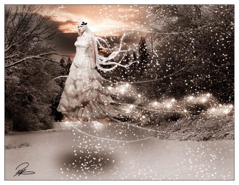 Woman in White Dress — Dramatic, Winter, Digital Art, Snow, Trees