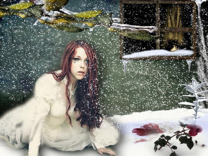Woman in White Dress — Dramatic, Winter, Digital Art, Snow, Window