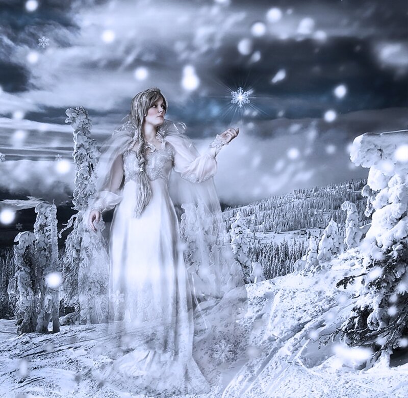 Woman in White Dress — Dramatic, Winter, Digital Art, Snowflakes