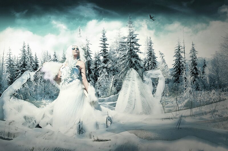 Woman in White Dress — Dramatic, Winter, Digital Art, Snowy Forest