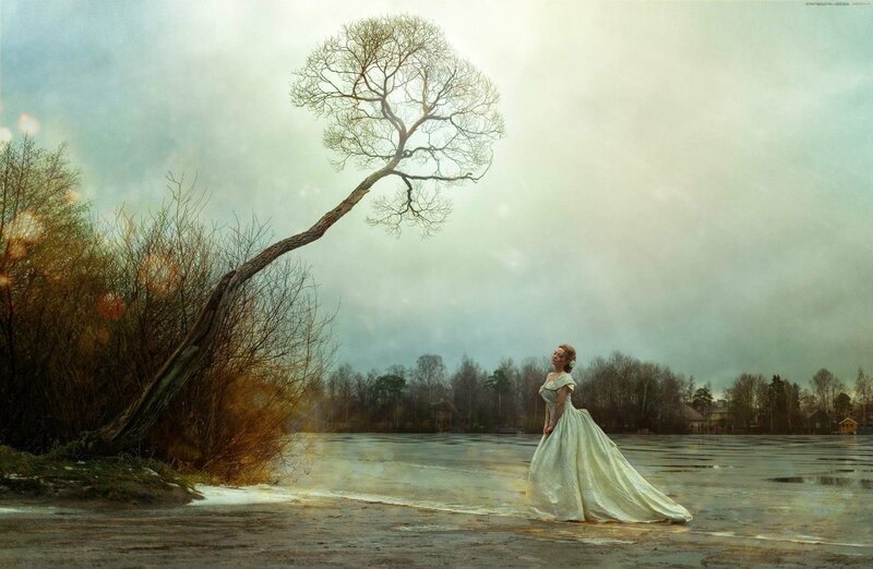 Woman in White Dress — Dramatic, Winter, Digital Art, Tree, River