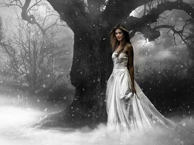 Woman in White Dress — Dramatic, Winter, Digital Art, Tree