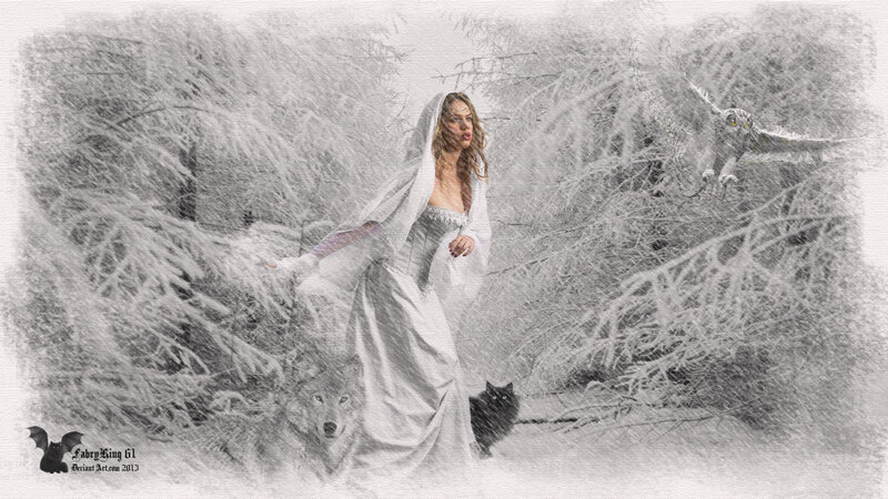 Woman in White Dress — Dramatic, Winter, Digital Art, Wolf