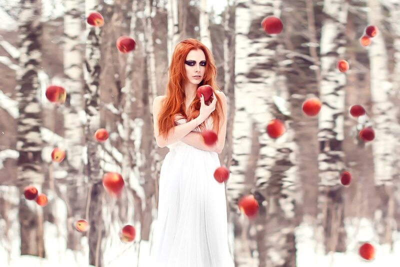 Woman in White Dress — Dramatic, Winter, Photograph, Apples