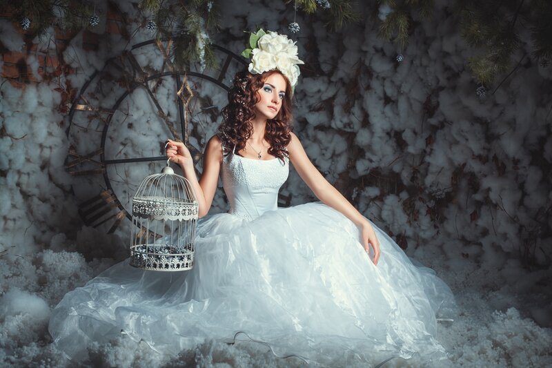 Woman in White Dress — Dramatic, Winter, Photograph, Birdcage