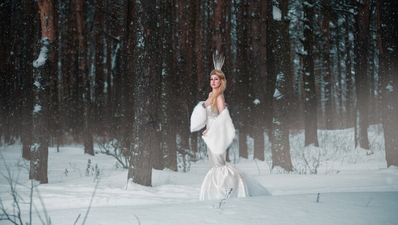 Woman in White Dress — Dramatic, Winter, Photograph, Forest