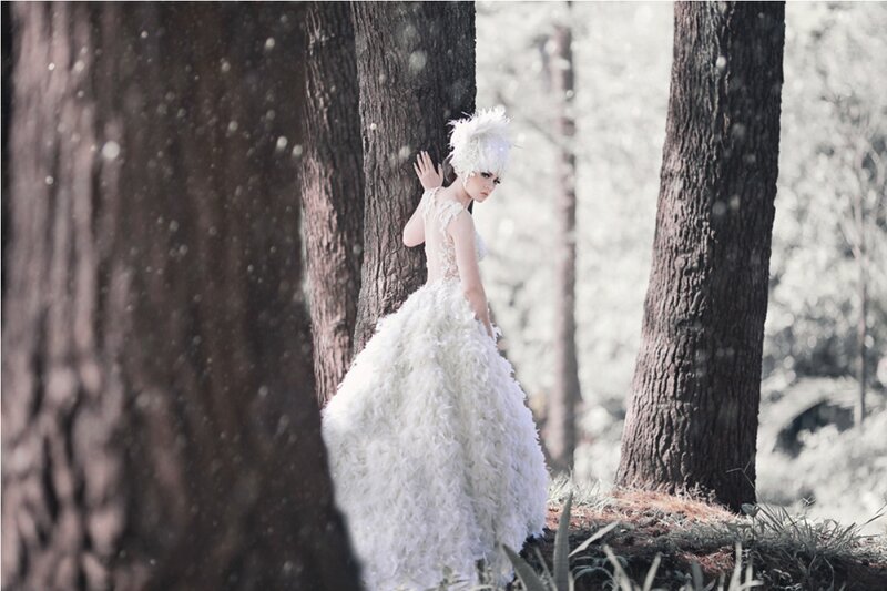 Woman in White Dress — Dramatic, Winter, Photograph, Forest, Trees