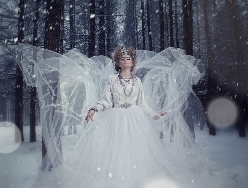 Woman in White Dress — Dramatic, Winter, Photograph, Snow, Forest