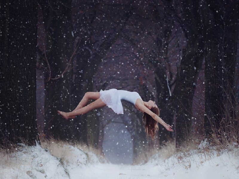 Woman in White Dress — Dramatic, Winter, Photograph, Snow, Trees, Forest