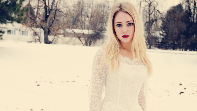Woman in White Dress — Dramatic, Winter, Photograph, Snow, Trees