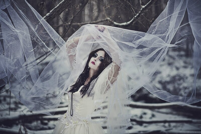 Woman in White Dress — Dramatic, Winter, Photograph, Veil