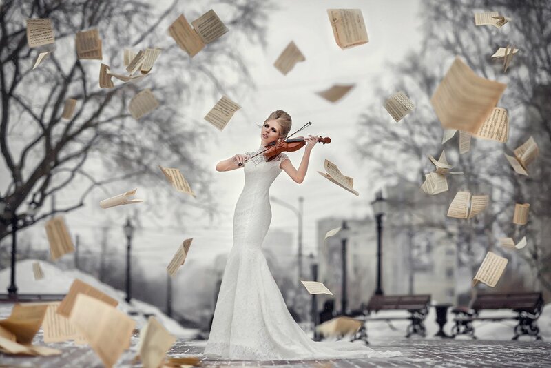 Woman in White Dress — Dramatic, Winter, Photograph, Violin