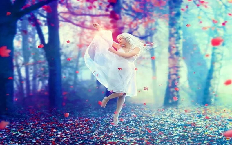 Woman in White Dress — Dreamy, Autumn, Digital Art, Forest
