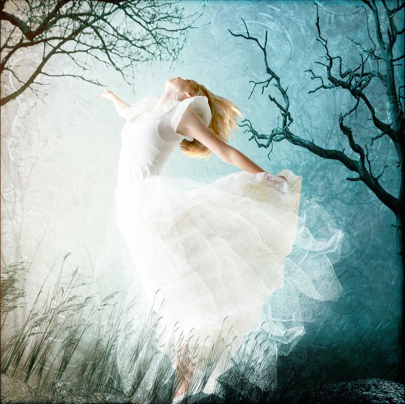 Woman in White Dress — Dreamy, Digital Art, Bare Trees
