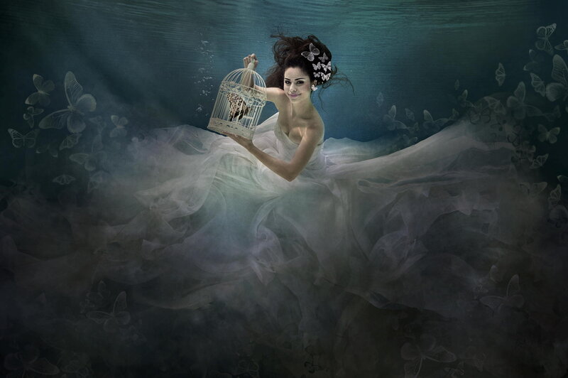Woman in White Dress — Dreamy, Digital Art, Birdcage