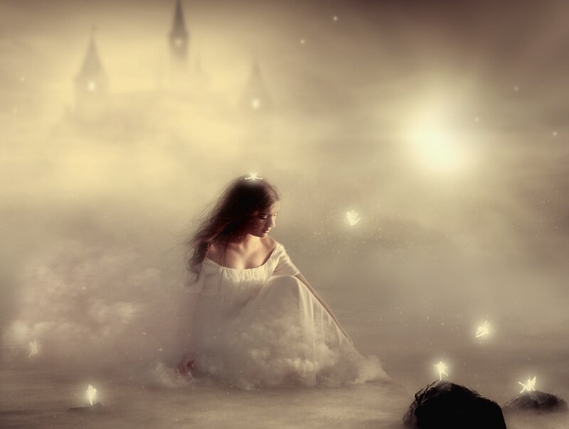 Woman in White Dress — Dreamy, Digital Art, Castle