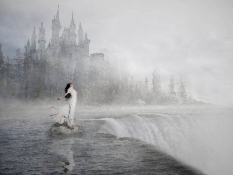 Woman in White Dress — Dreamy, Digital Art, Castle, Waterfall
