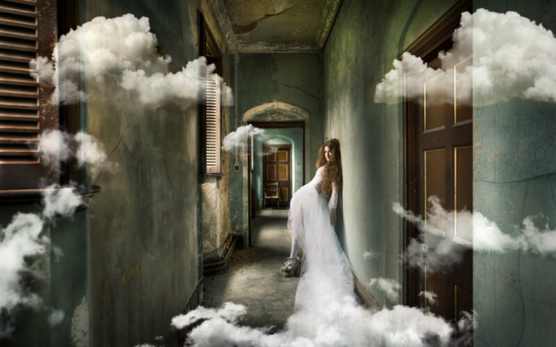 Woman in White Dress — Dreamy, Digital Art, Clouds, Hallway
