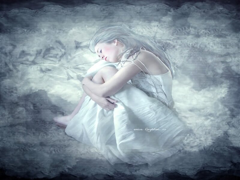 Woman in White Dress — Dreamy, Digital Art, Clouds