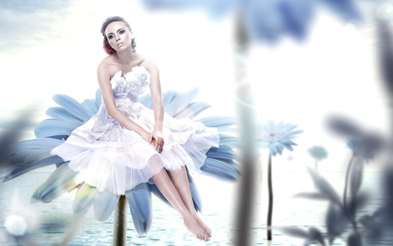 Woman in White Dress — Dreamy, Digital Art, Flower