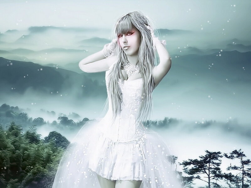 Woman in White Dress — Dreamy, Digital Art, Mountains
