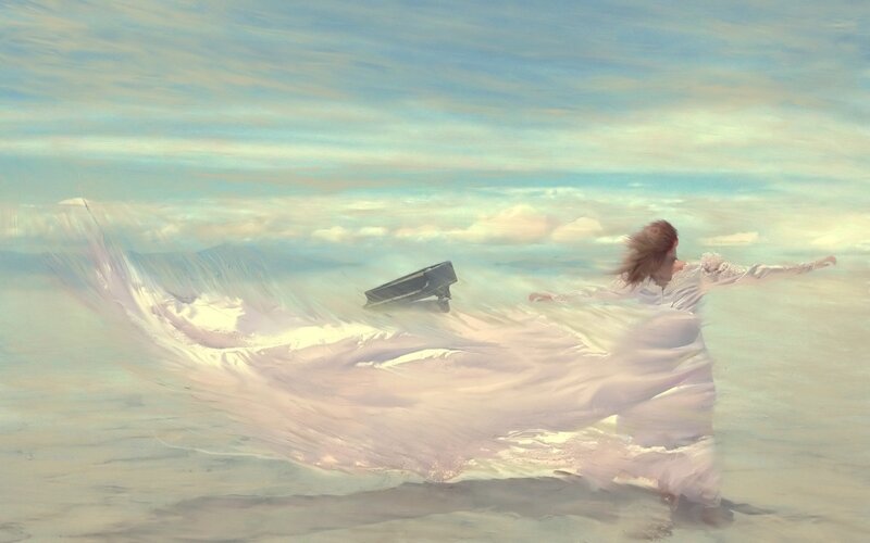 Woman in White Dress — Dreamy, Digital Art, Piano, Clouds, Wind