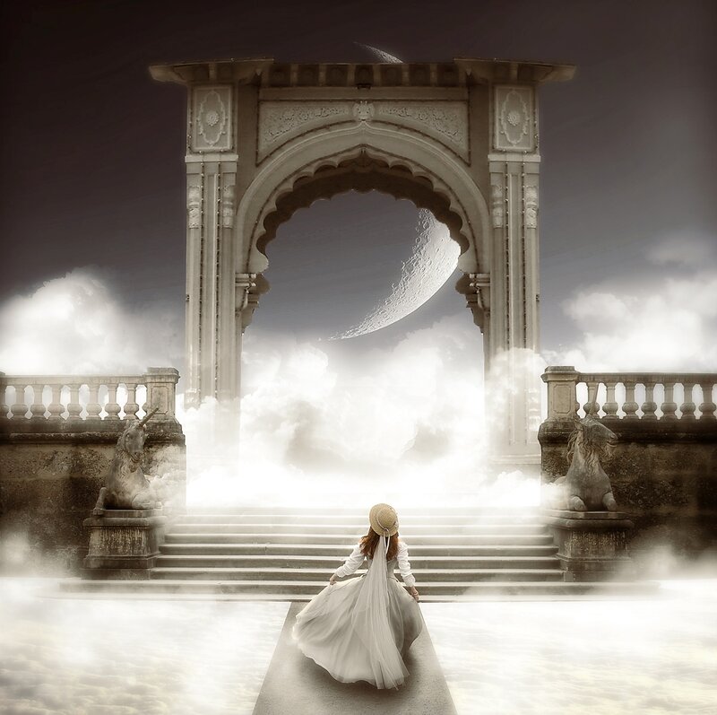 Woman in White Dress — Dreamy, Night, Digital Art, Archway