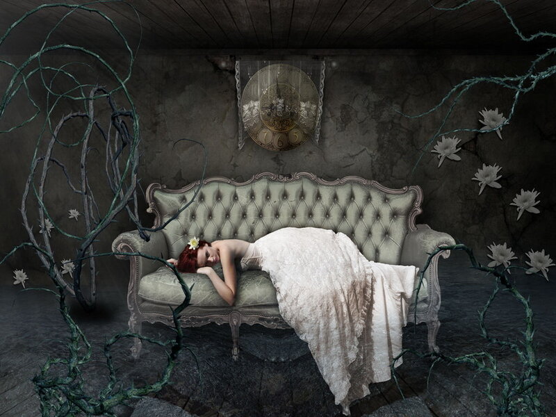 Woman in White Dress — Dreamy, Night, Digital Art, Couch
