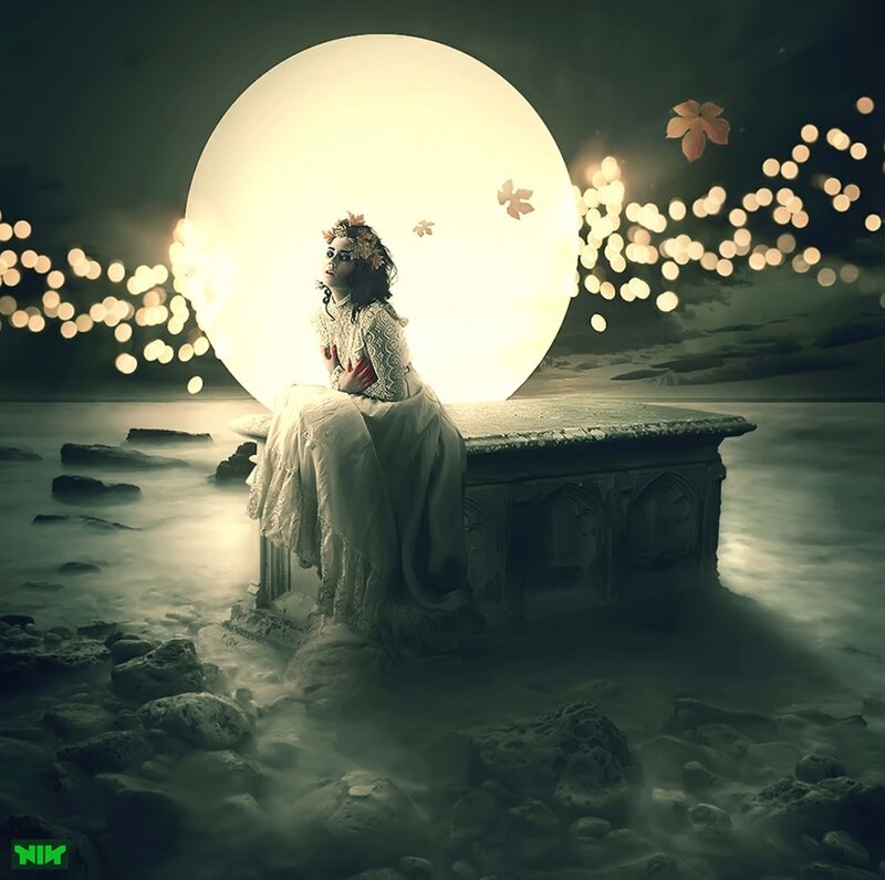 Woman in White Dress — Dreamy, Night, Digital Art, Moon, Leaves