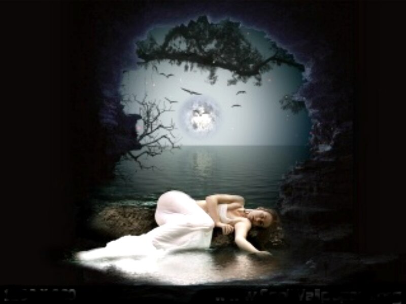 Woman in White Dress — Dreamy, Night, Digital Art, Moon