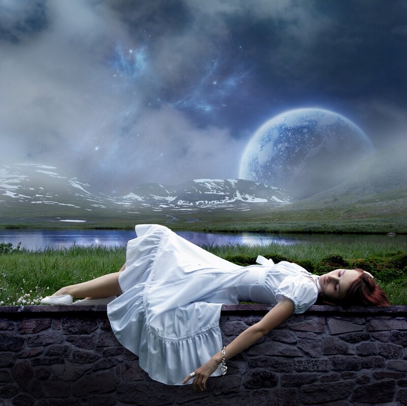 Woman in White Dress — Dreamy, Night, Digital Art, Planet